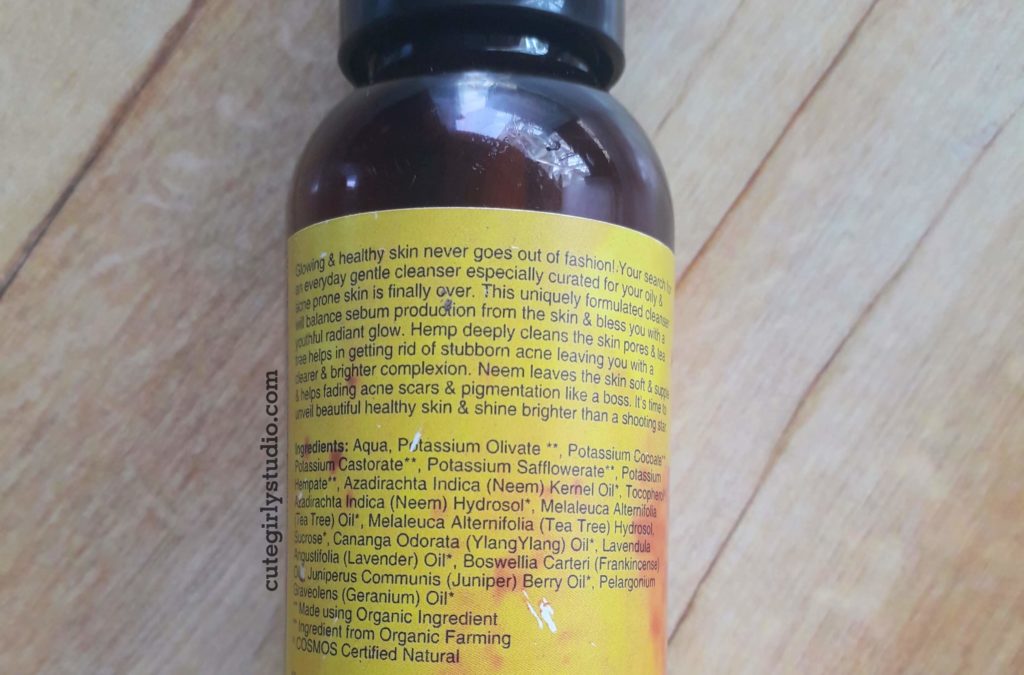 Juicy chemistry hemp, tea tree and safflower face wash ingredients